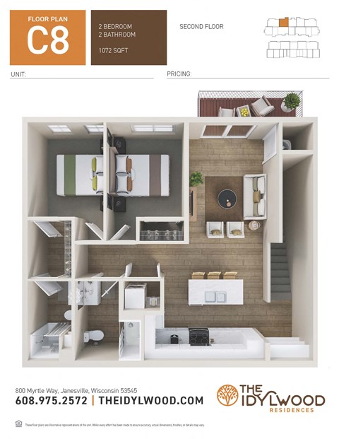 Floor plan for 2 beds, 2 baths, 1072 sqft